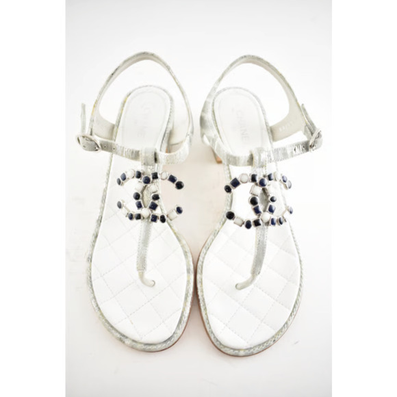Chanel 20P White Silver CC Logo Mule Strap Thong Sandal Block Heel Flat 36.5c - Picture 5 of 12